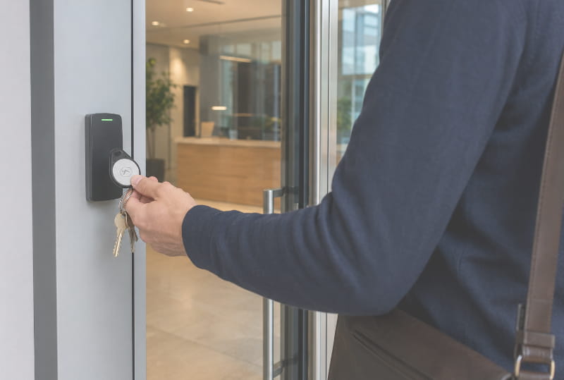 Person entering work space using key fob