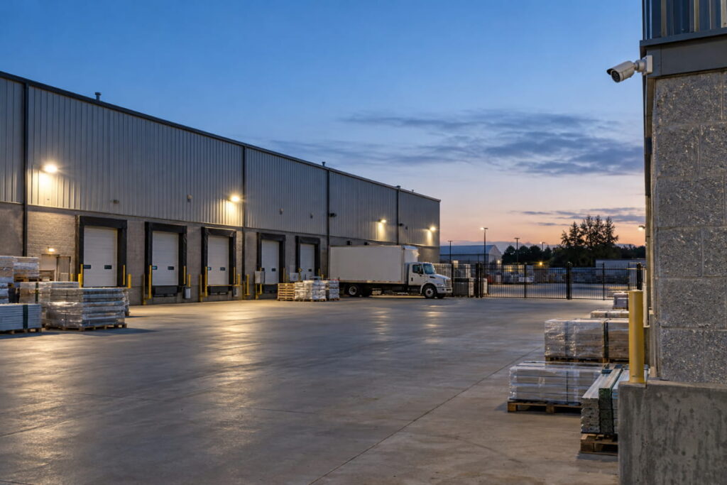 Shipping yard with security cameras placed