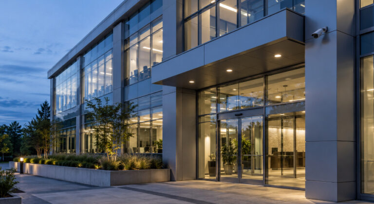 Business office entrance with security cameras and fob access